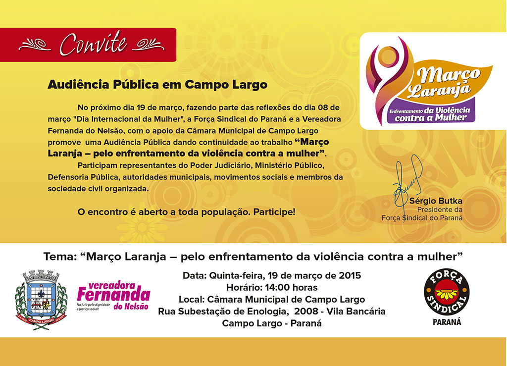 Força PR realiza amanhã audiência pública em Campo Largo sobre projeto de combate a violência contra a mulher